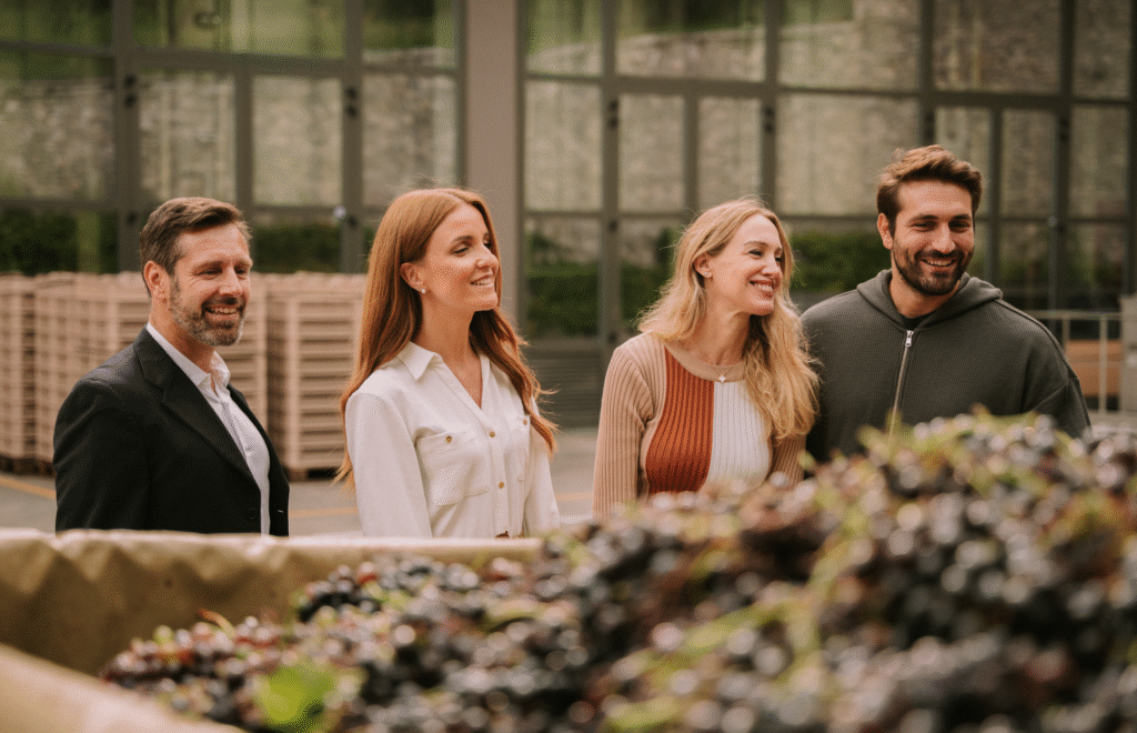 Cesari Esperienze Back To Classics Fumane -- two women and two men smiling in front of a blurred mass of grapes in a container with a winery in background