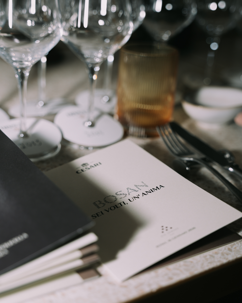 Amarone della Valpolicella Riserva Bosan event dinner menus on a set table