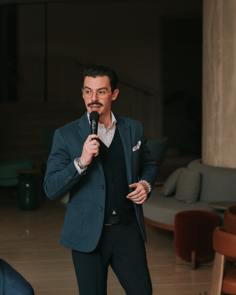 cesari head winemaker michele gamba speaking about Amarone della Valpolicella Riserva Bosan during event dinner with gourmet courses