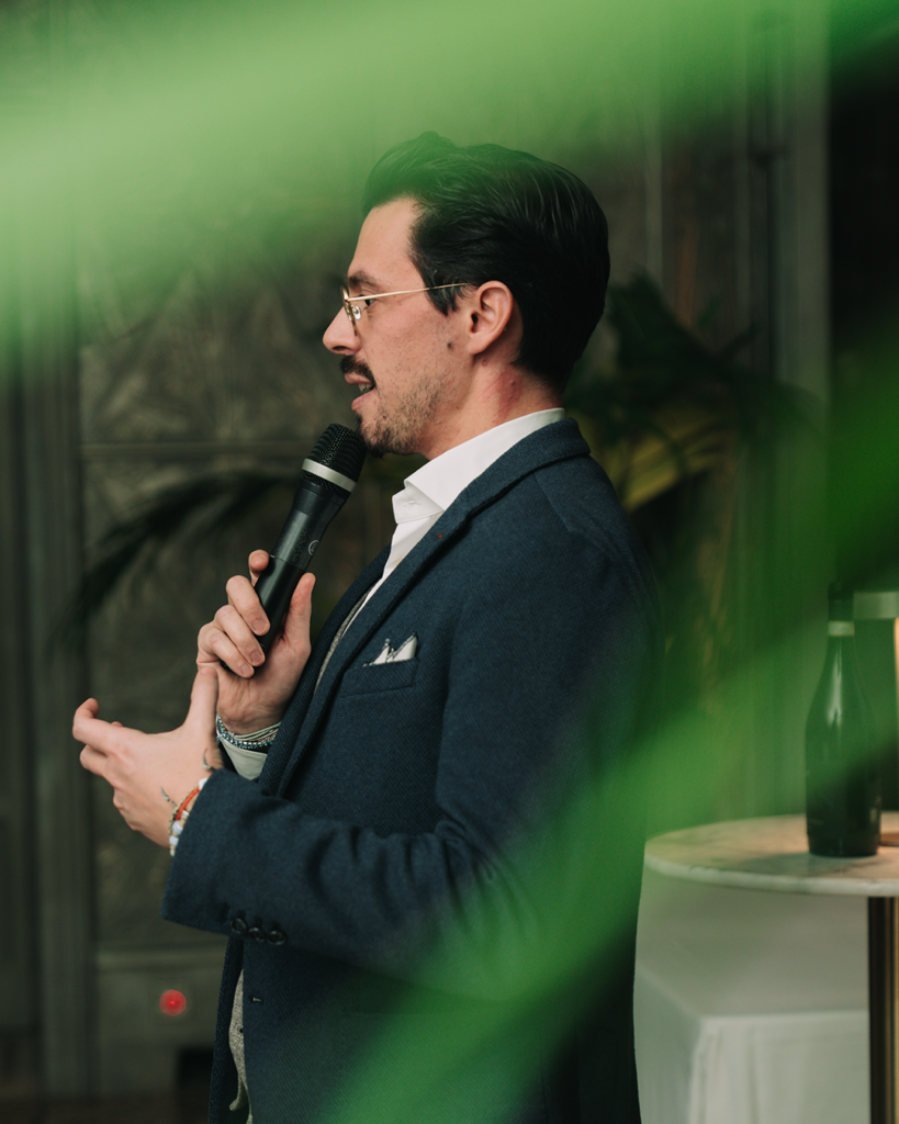 Cesari Winemaker Michele gamba presenting Amarone della Valpolicella Riserva Bosan during event dinner with gourmet courses