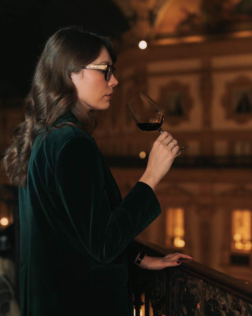 Amarone della Valpolicella Riserva Bosan person sipping inside galleria vittorio emanuele ii milano