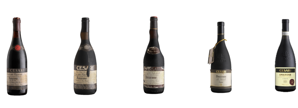 Amarone Cesari_storia delle bottiglie_six historic bottles that show the evolution of Cesari's Amarone della Valpolicella through the decades