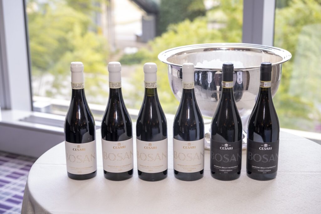 Amarone Bosan Tre Bicchieri World Tour in Tokyo with six different vintages of Amarone Bosan by Cesari (4 white labeled, and two black-labeled)