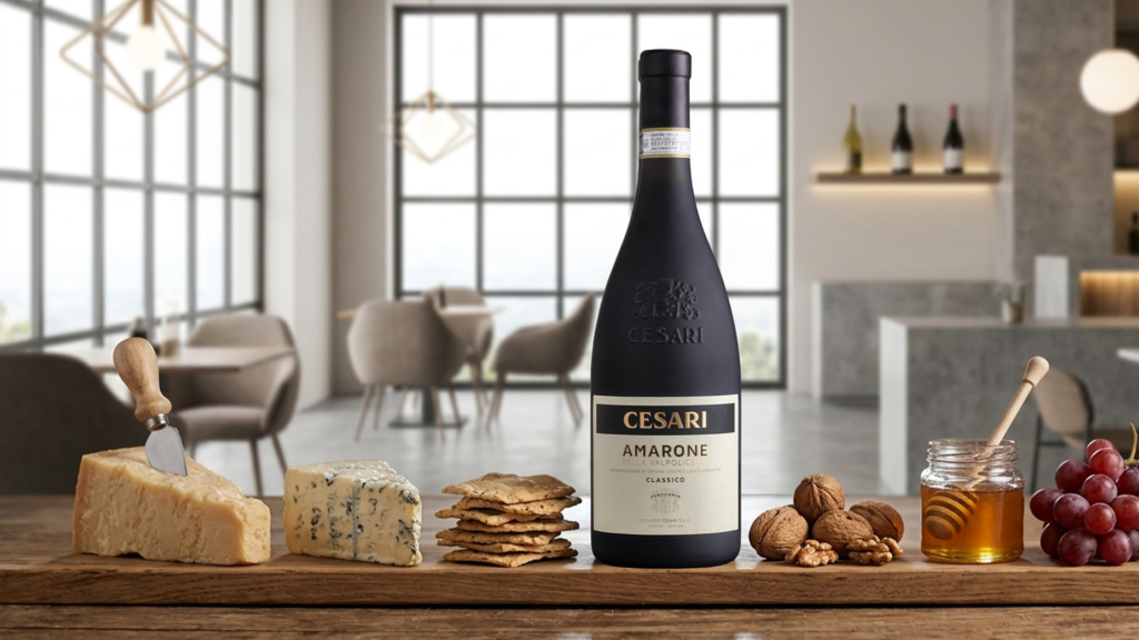 abbinamento formaggi amarone_bottle of amarone della valpolicella cesari with a cheese board in a a minimal bistrot background